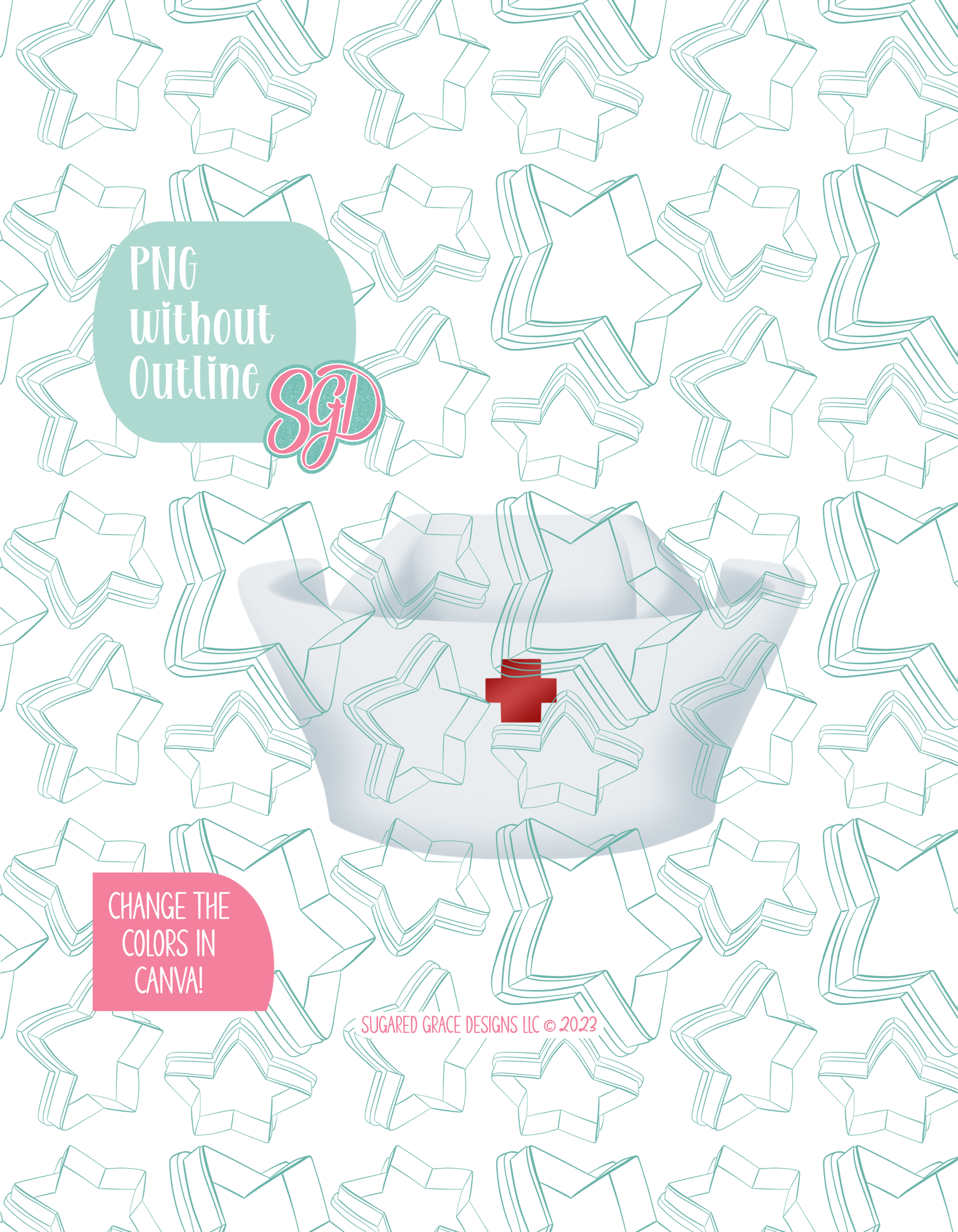 Full color version of the illustrated Nurse Cap, shown without black outlines on a background watermarked with Sugared Grace Designs’ tag star pattern