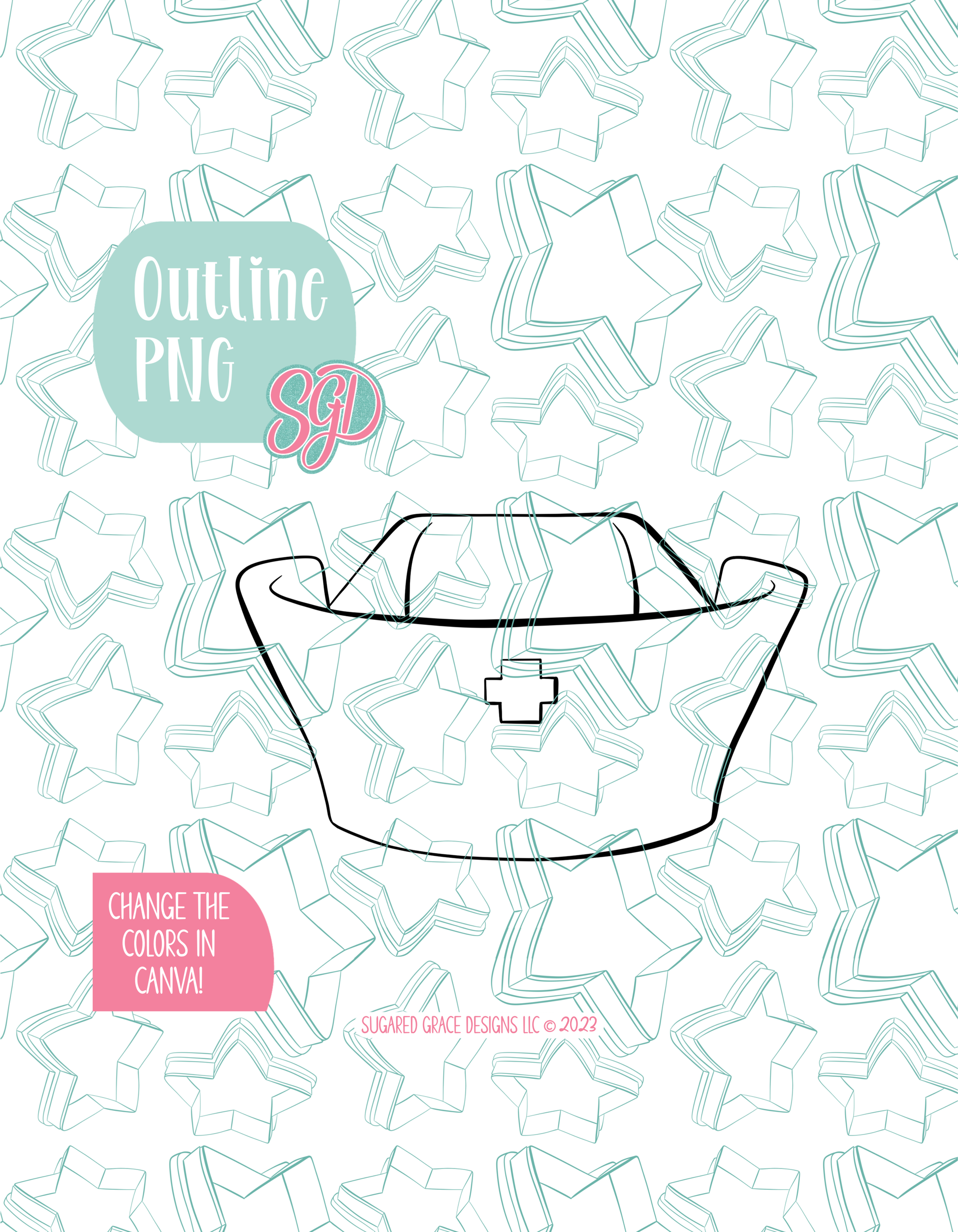Black line outline drawing of the Nurse Cap, displayed on a background watermarked with Sugared Grace Designs’ teal star pattern