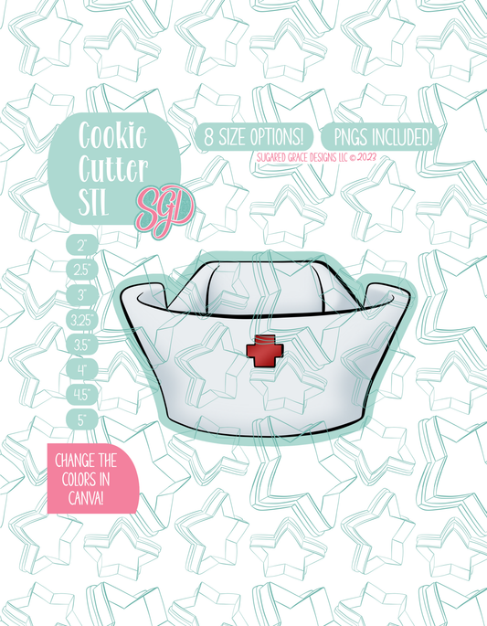 Illustrated Nurse Cap, displayed on a background watermarked with a teal star pattern representing Sugared Grace Design’s brand. Text explains that the listing includes a Nurse Cap STL cookie cutter in multiple sizes plus editable PNG files.