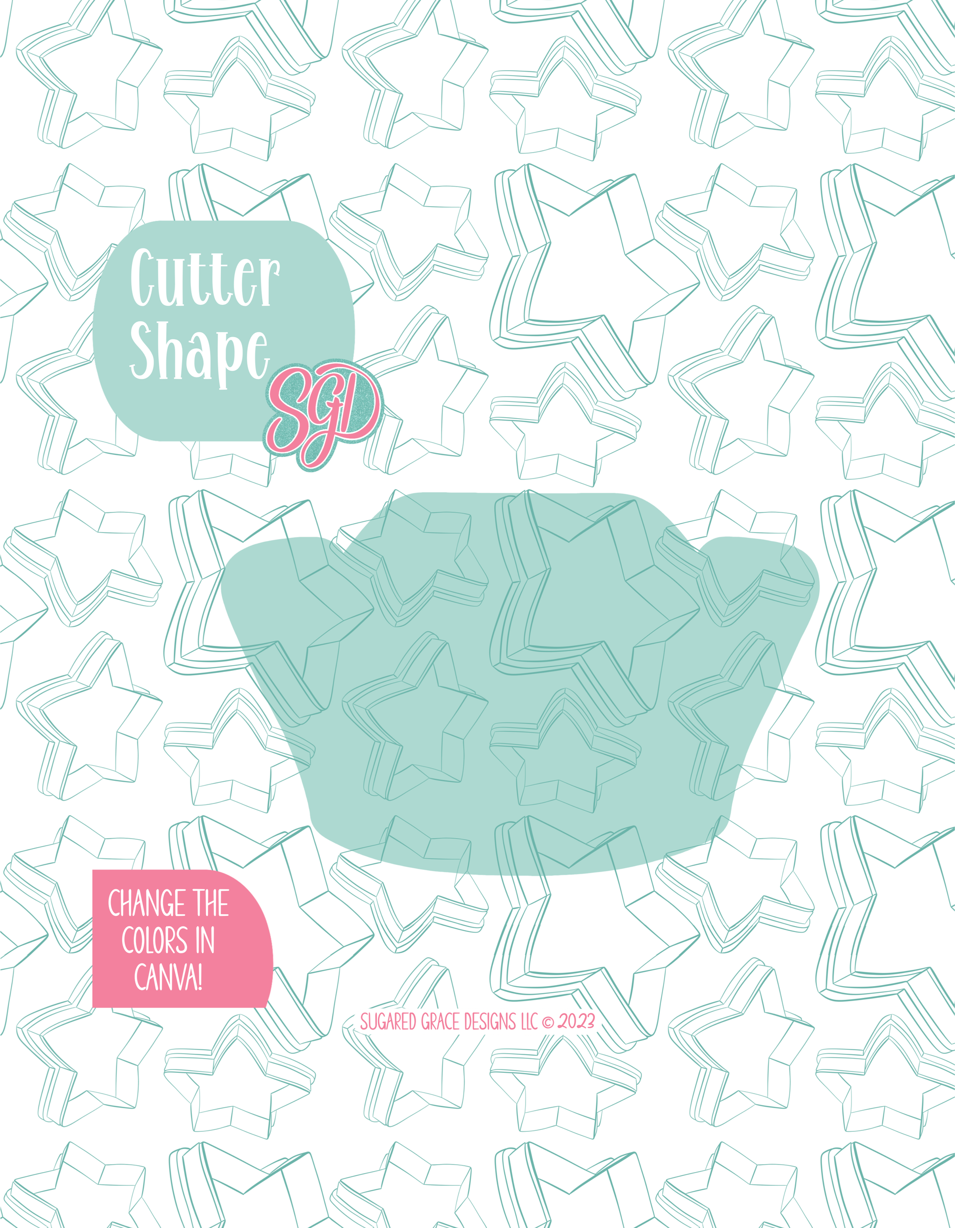 Solid teal silhouette showing the exact outer shape of the Nurse Cap cookie cutter, displayed on a background watermarked with Sugared Grace Design’s teal star pattern
