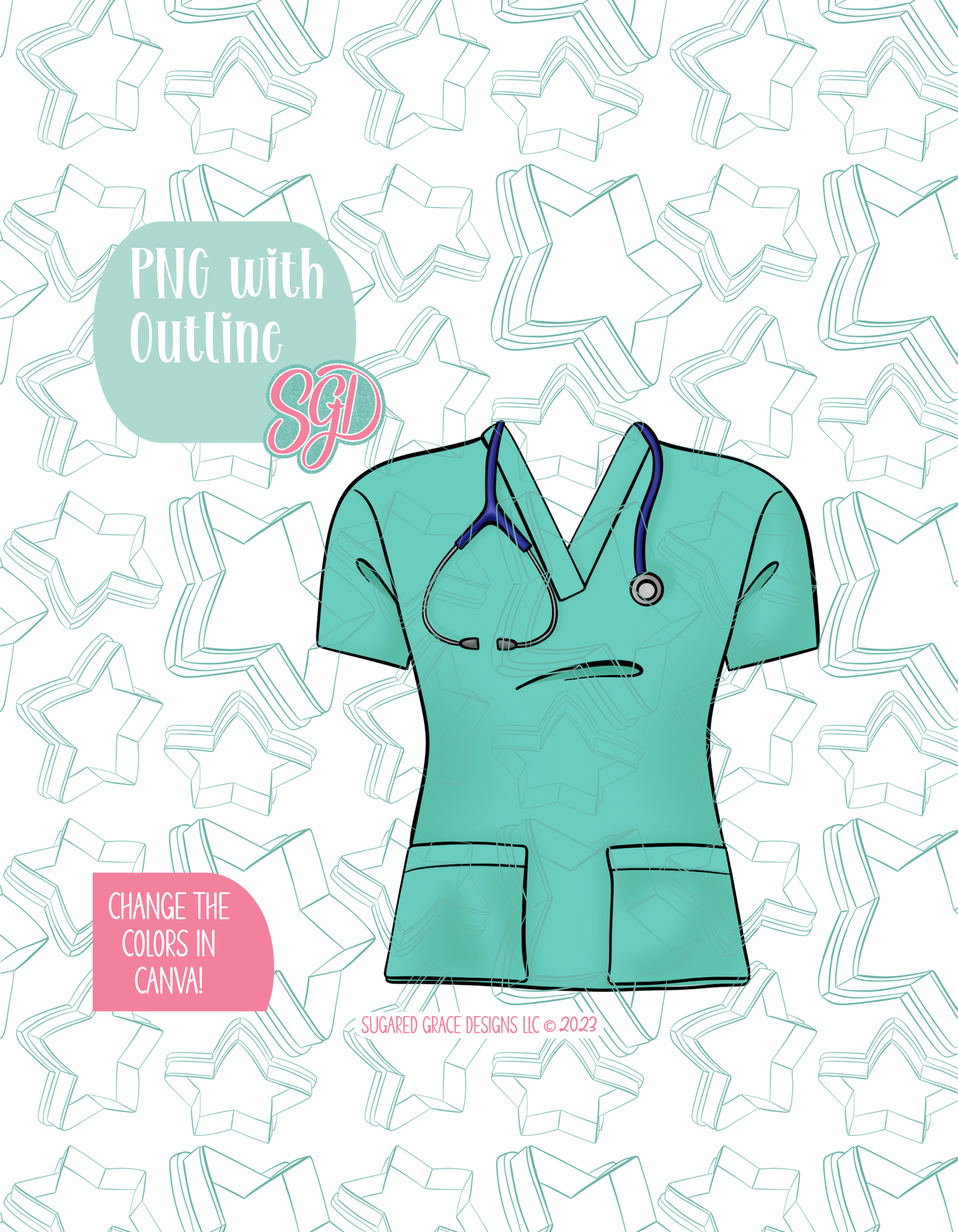 Full color illustrated Nurse Scrubs, shown with a black outline on a background watermarked with Sugared Grace Designs’ teal star pattern