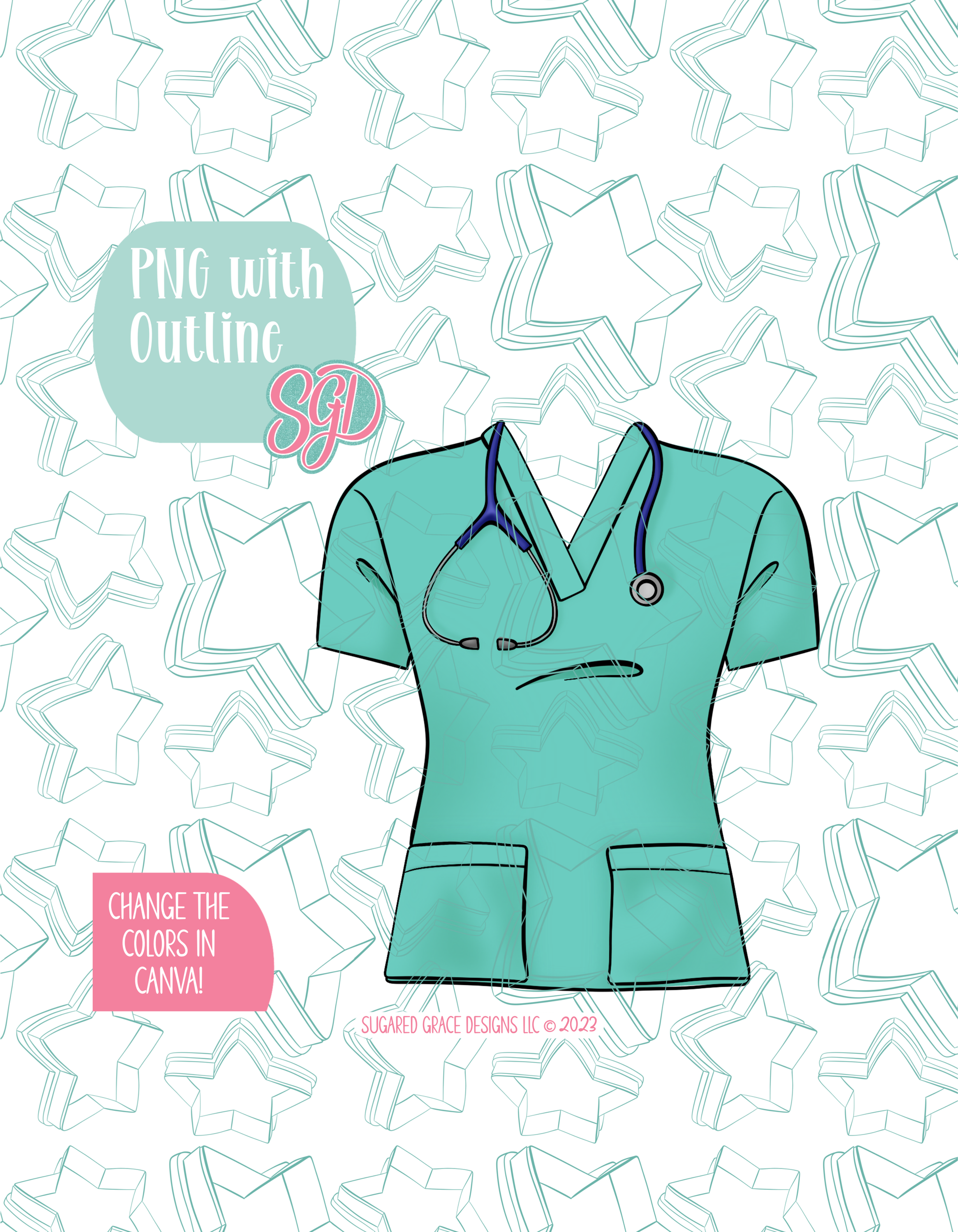 Full color illustrated Nurse Scrubs, shown with a black outline on a background watermarked with Sugared Grace Designs’ teal star pattern