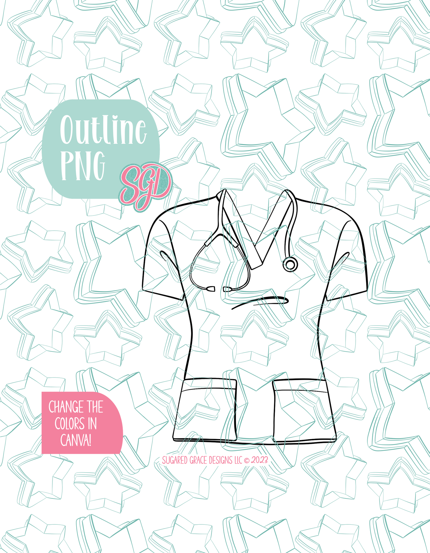Black line outline drawing of the Nurse Scrubs, displayed on a background watermarked with Sugared Grace Designs’ teal star pattern