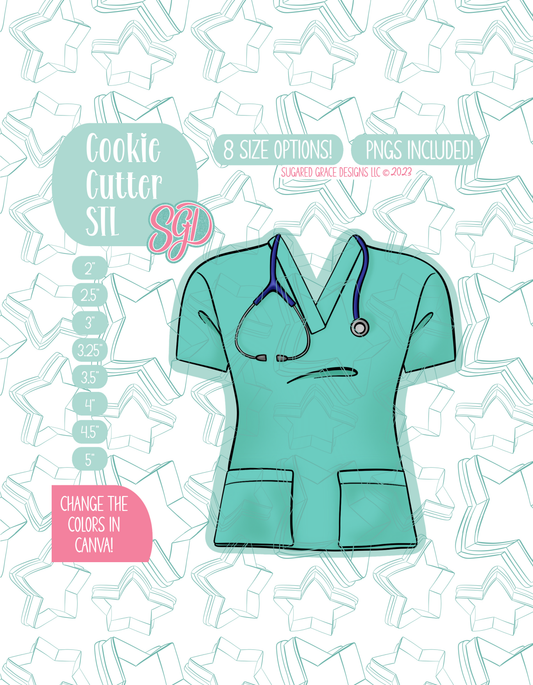 Illustrated Nurse Scrubs, displayed on a background watermarked with a teal star pattern representing Sugared Grace Design’s brand. Text explains that the listing includes a Nurse Scrubs STL cookie cutter in multiple sizes plus editable PNG files.