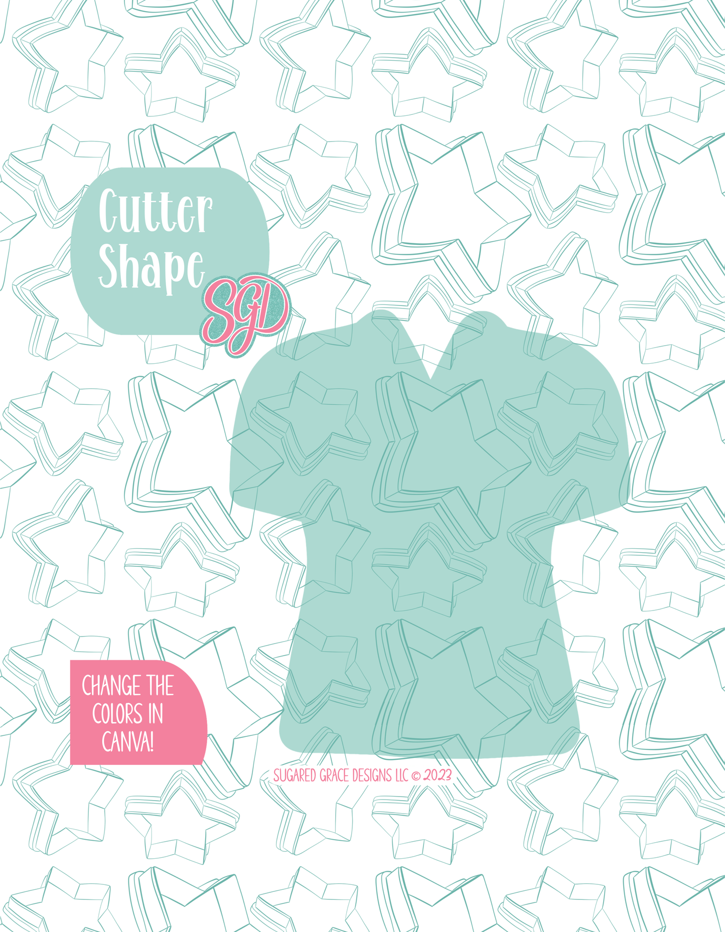 Solid teal silhouette showing the exact outer shape of the Nurse Scrubs cookie cutter, displayed on a background watermarked with Sugared Grace Design’s teal star pattern