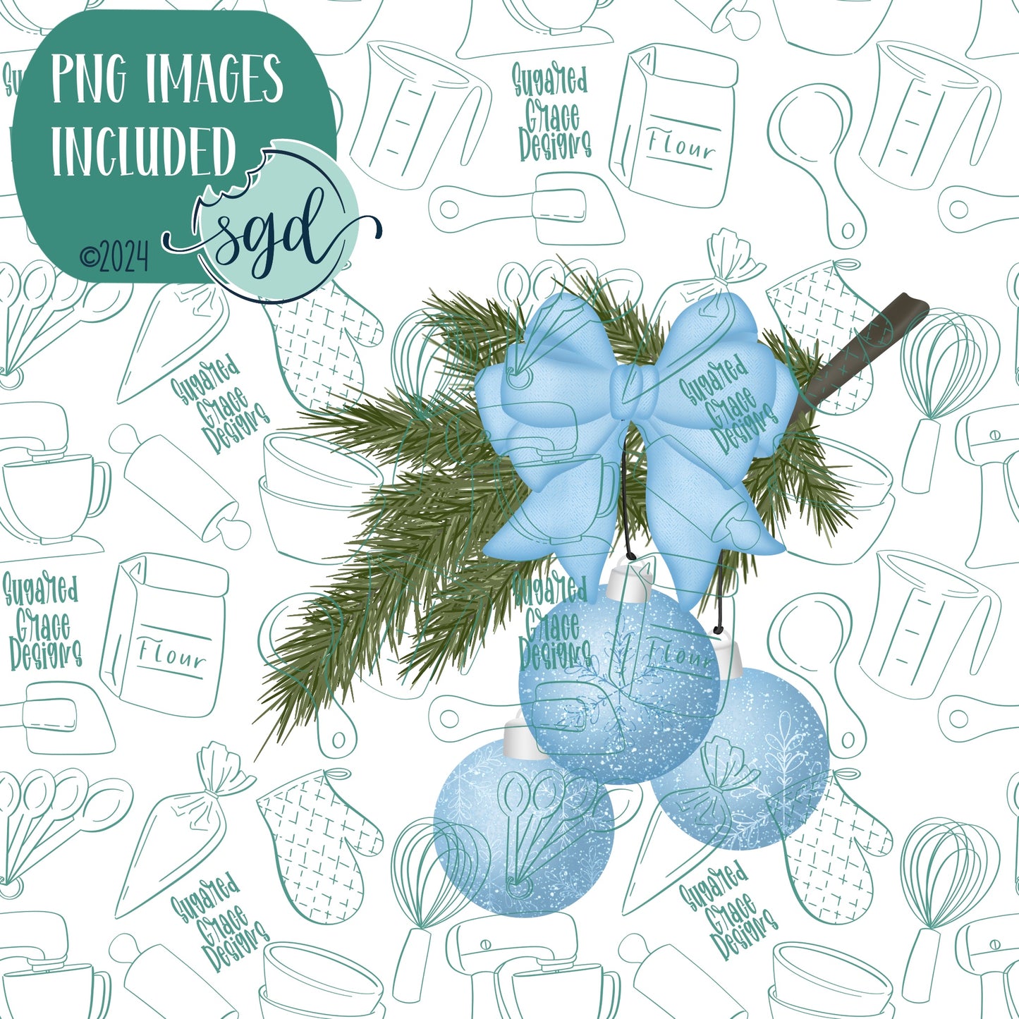 Christmas Ornament Branch Cookie Cutter with PNG Images to Match - Hand Drawn Graphics for Edible Ink Printers - Xmas Cookie Ideas for Bakers