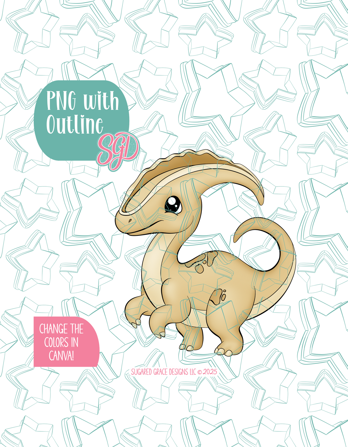 Yellow Parasaurolophus Dinosaur Cookie Cutter with PNG Images to Match - Hand Drawn Graphics for Edible Ink Printers