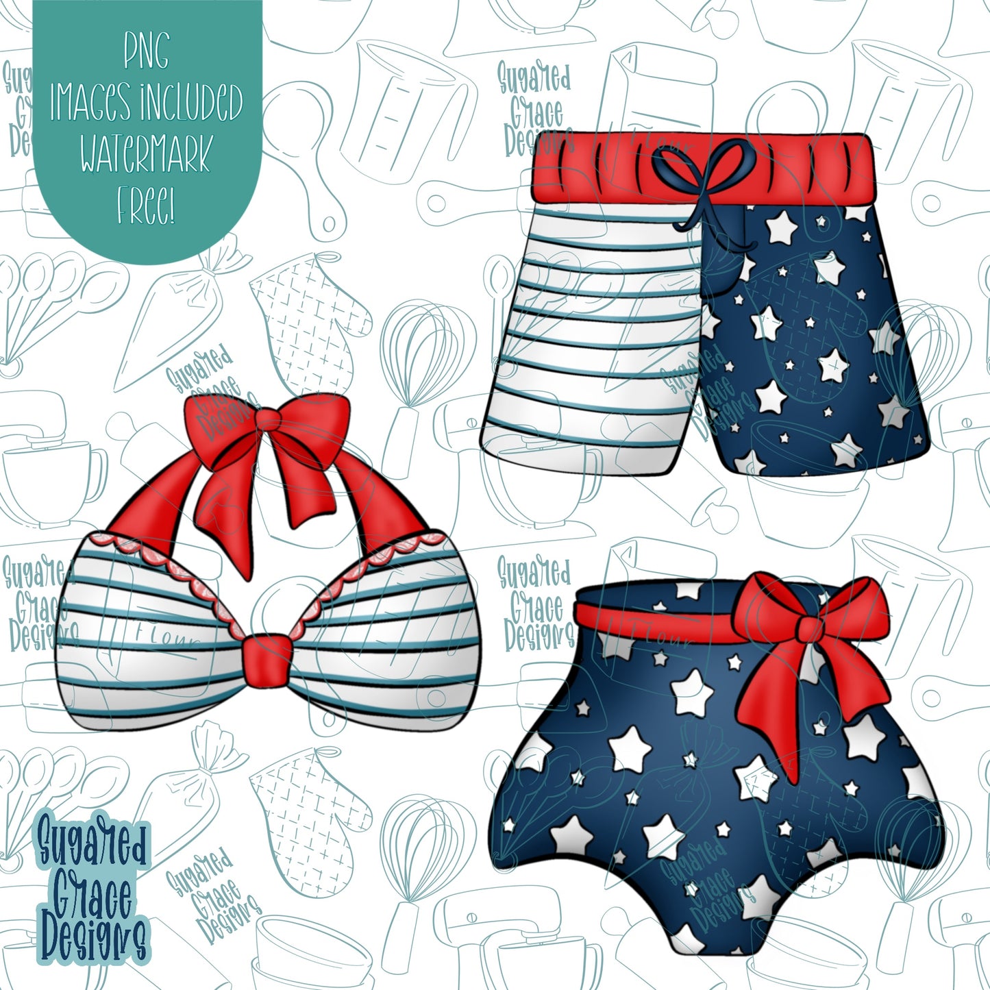 4th of July Patriotic Swim Wear Cookie Cutter Set with Matching PNG Images for Edible Ink Printers Including Eddie