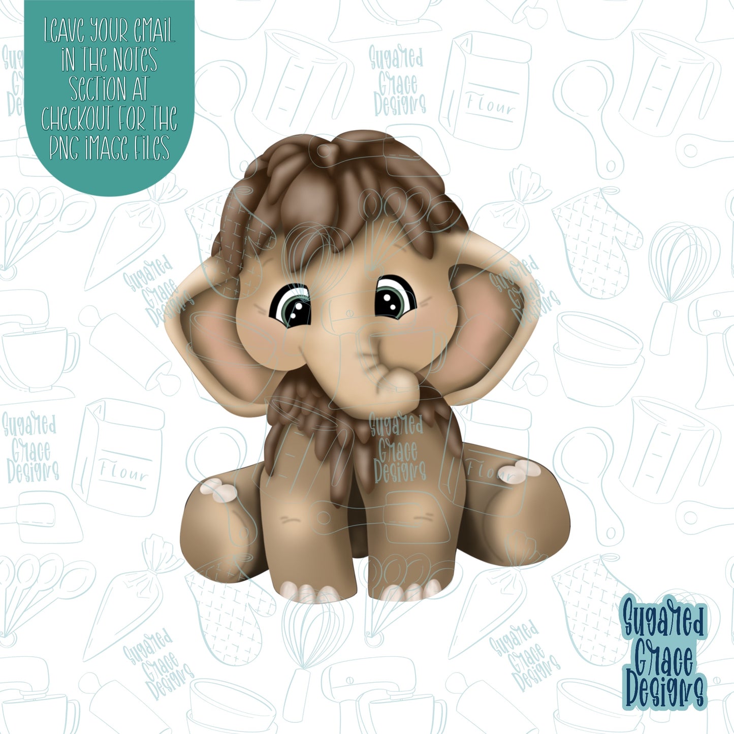 Baby mammoth cookie cutter with png image for edible printers including Eddie