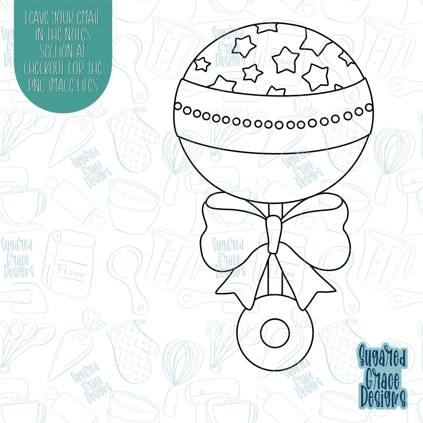 Baby rattle cookie cutter with matching png images for edible printers like Eddie