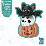 Halloween cookie cutter featuring a bat, skull, and jack o lantern, png images are included for edible printers including Eddie