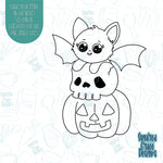 Halloween cookie cutter featuring a bat, skull, and jack o lantern, png images are included for edible printers including Eddie