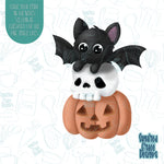 Halloween cookie cutter featuring a bat, skull, and jack o lantern, png images are included for edible printers including Eddie