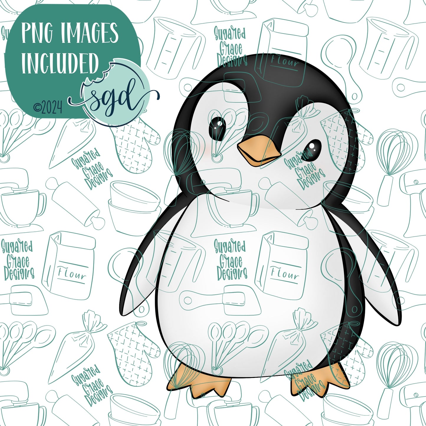 Full Body Arctic Penguin Cookie Cutter with PNG Images to Match - Hand Drawn Graphics for Edible Ink Printers - Winter Cookie Ideas for Bakers