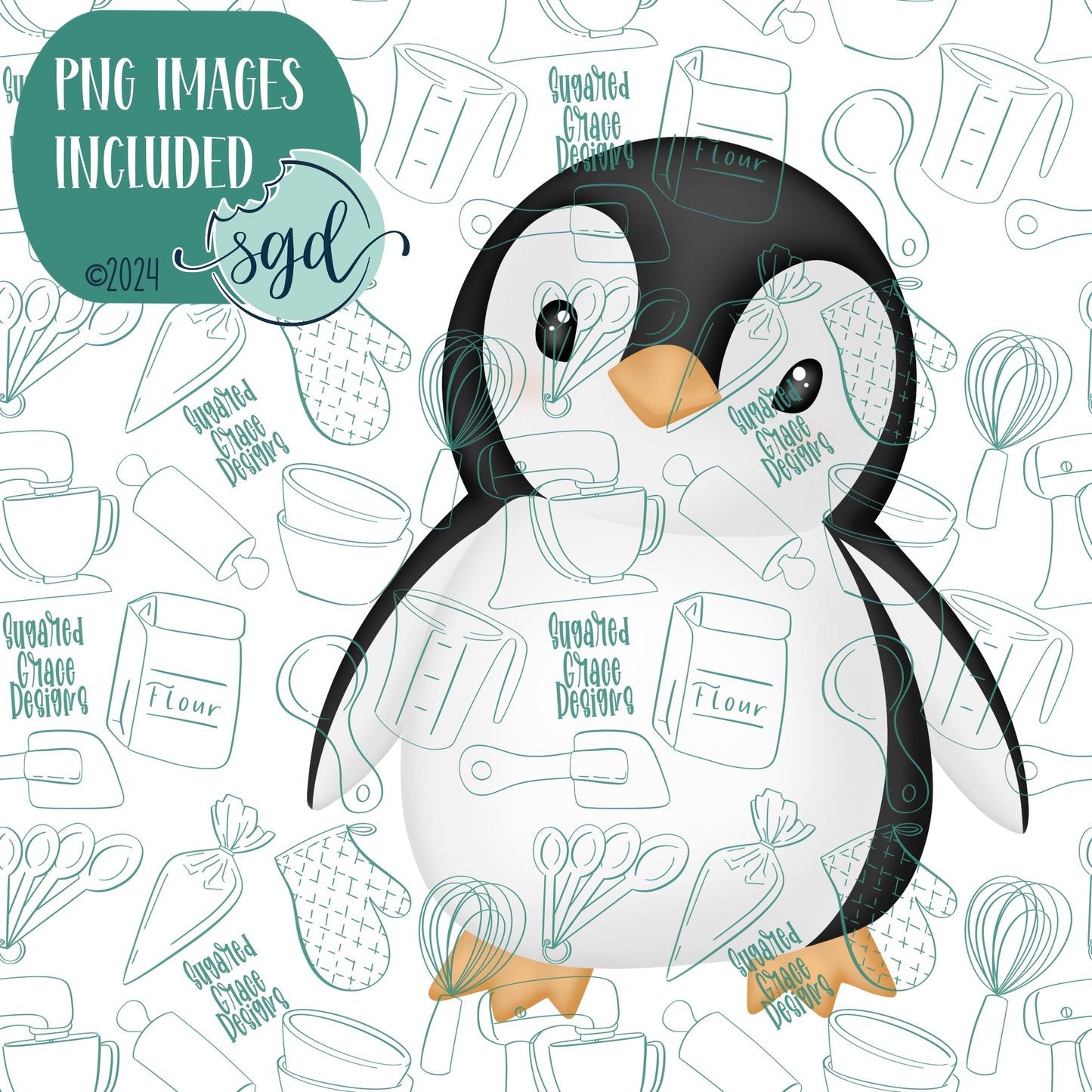 Full Body Arctic Penguin Cookie Cutter with PNG Images to Match - Hand Drawn Graphics for Edible Ink Printers - Winter Cookie Ideas for Bakers