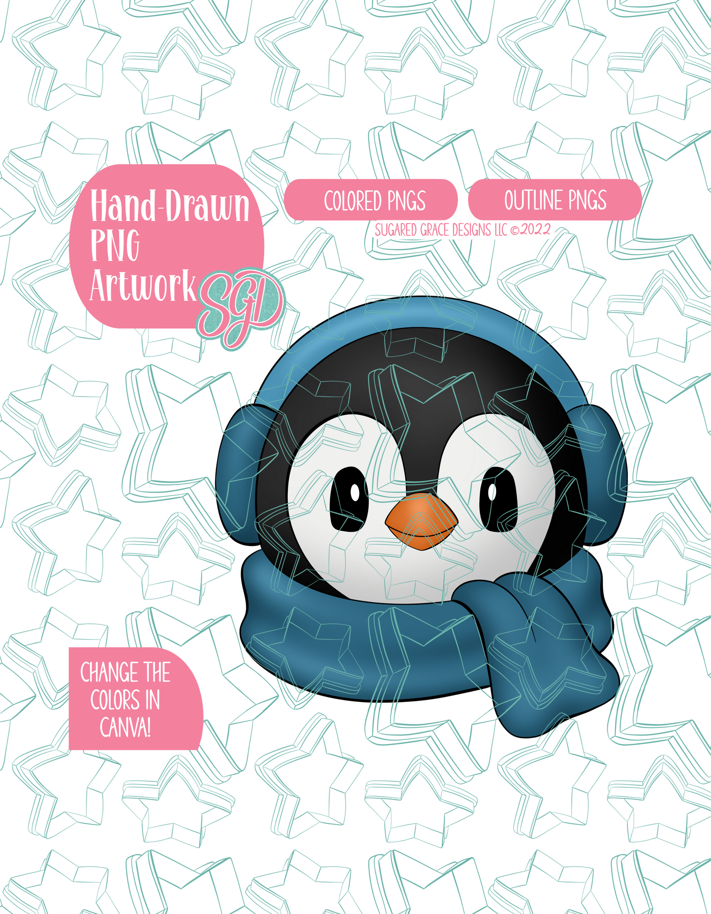 Winter Penguin PNG Image Set for Edible Ink Printers - Hand Drawn Editable Graphics