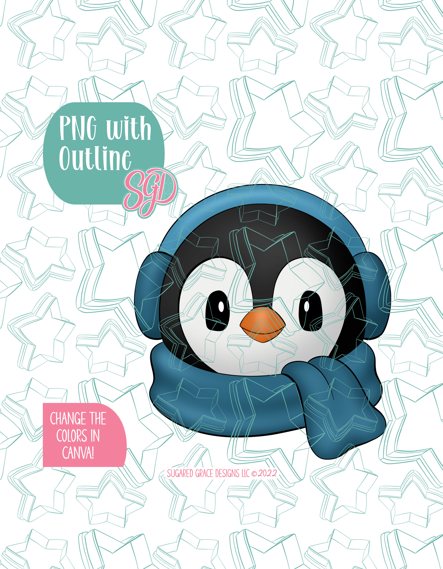 Winter Penguin Cookie Cutter with PNG Images to Match - Hand Drawn Graphics for Edible Ink Printers