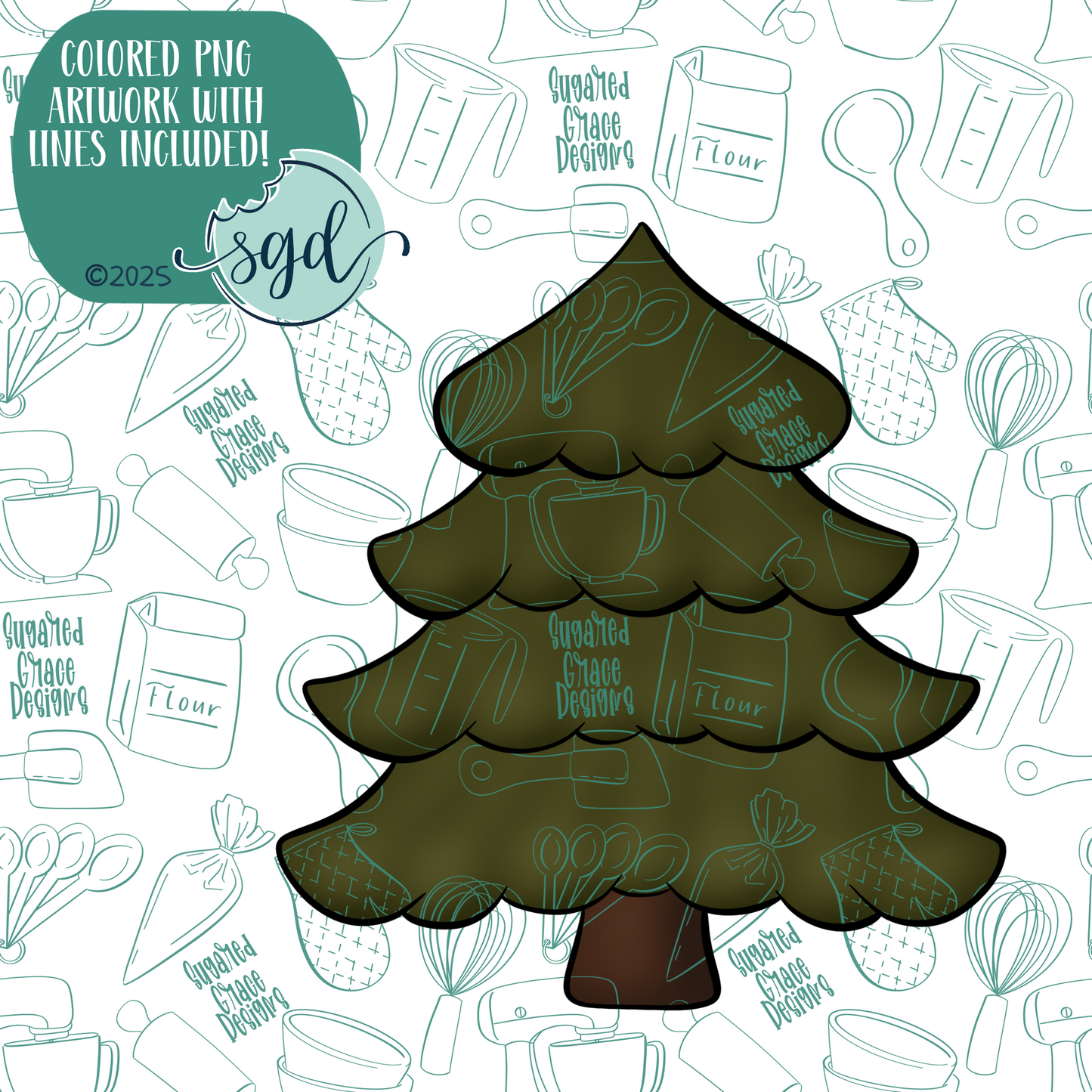 Pine Tree Cookie Cutter with PNG Images to Match - Hand Drawn Graphics for Edible Ink Printers