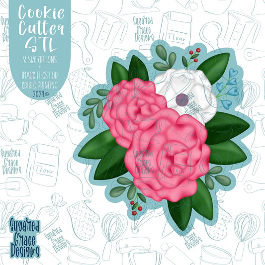 Pink Flowers Floral Arrangement Cookie Cutter STL Files for 3D Printing with Matching Printable PNG Images for Edible Ink Printers Including Eddie
