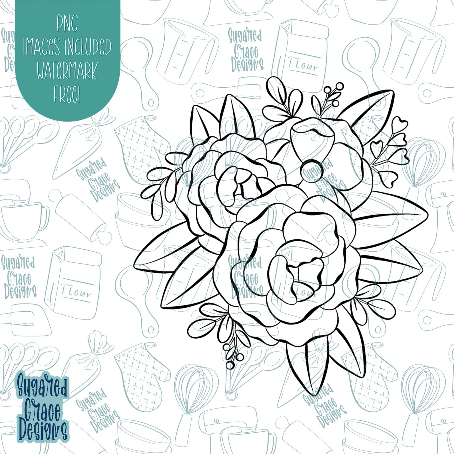 Pink Flower Floral Grouping Cookie Cutter with Matching Printable PNG Images for Edible Ink Printers Including Eddie