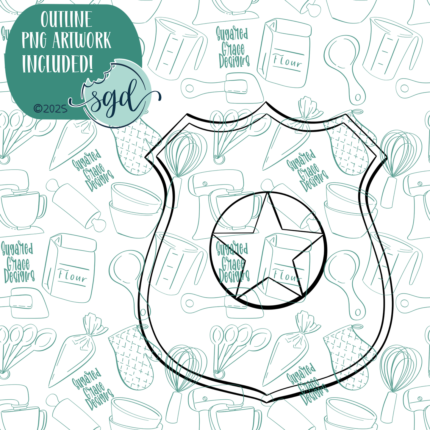 Gold Police Badge Cookie Cutter with PNG Images to Match - Hand Drawn Graphics for Edible Ink Printers