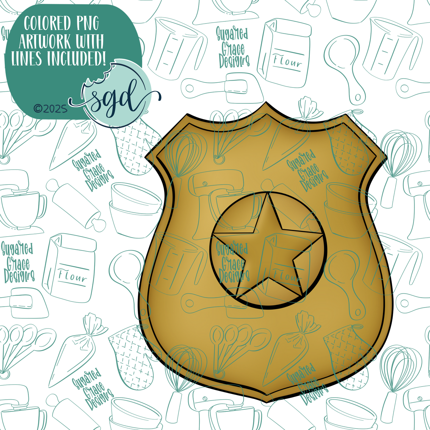 Gold Police Badge Cookie Cutter with PNG Images to Match - Hand Drawn Graphics for Edible Ink Printers