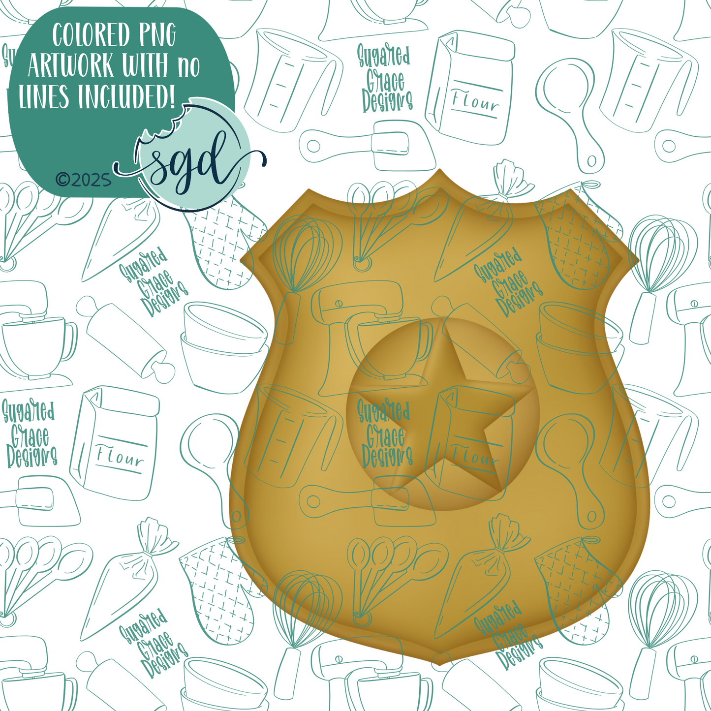 Gold Police Badge Cookie Cutter with PNG Images to Match - Hand Drawn Graphics for Edible Ink Printers