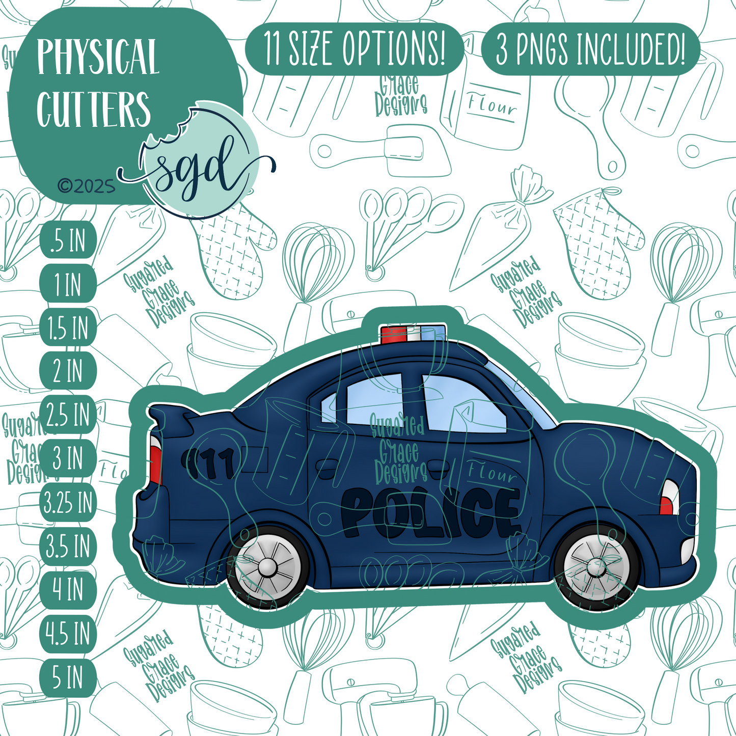 Police Car Cookie Cutter with PNG Images to Match - Hand Drawn Graphics for Edible Ink Printers