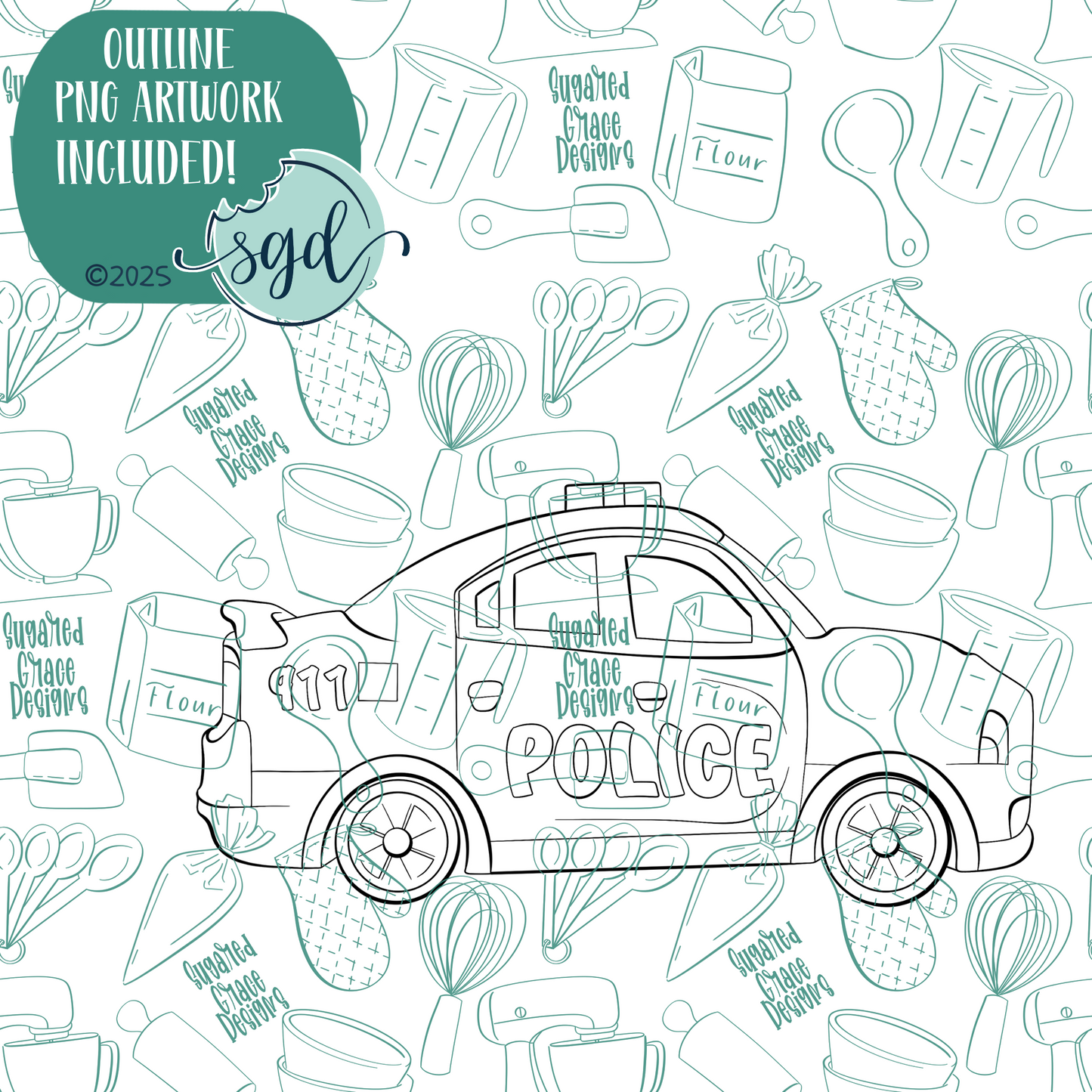 Police Car Cookie Cutter with PNG Images to Match - Hand Drawn Graphics for Edible Ink Printers