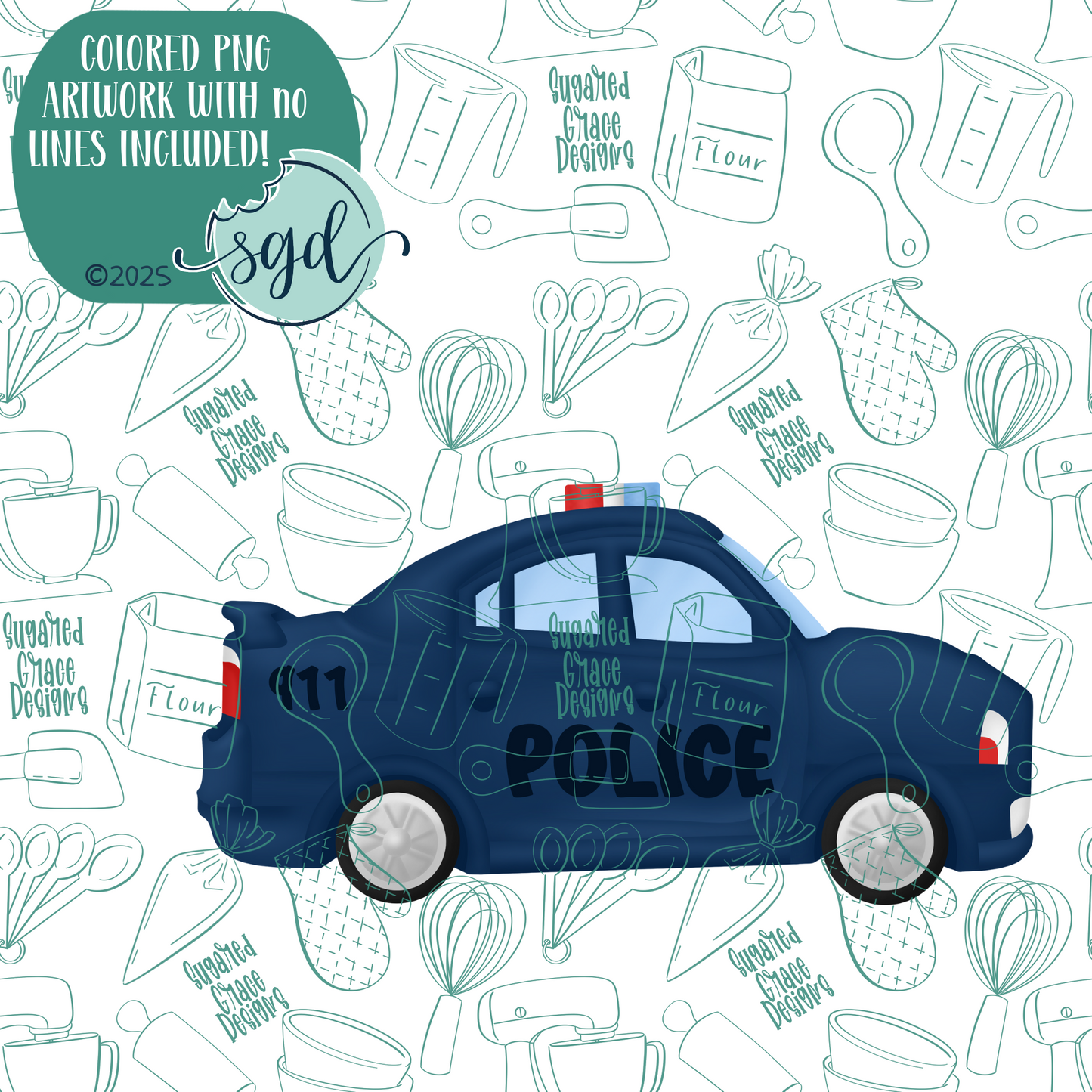 Police Car Cookie Cutter with PNG Images to Match - Hand Drawn Graphics for Edible Ink Printers