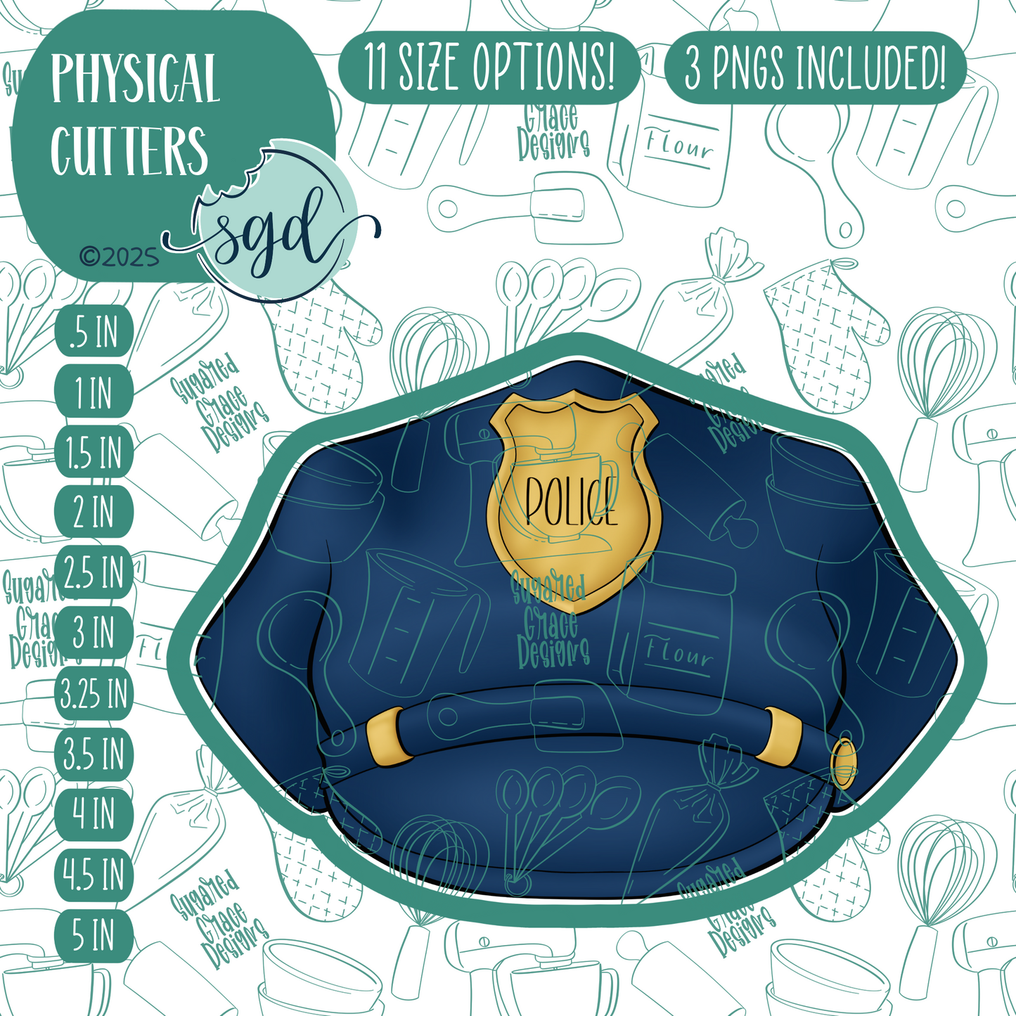 Police Hat Cookie Cutter with PNG Images to Match - Hand Drawn Graphics for Edible Ink Printers