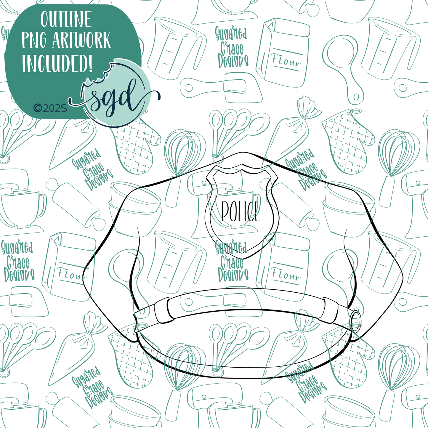 Police Hat Cookie Cutter with PNG Images to Match - Hand Drawn Graphics for Edible Ink Printers
