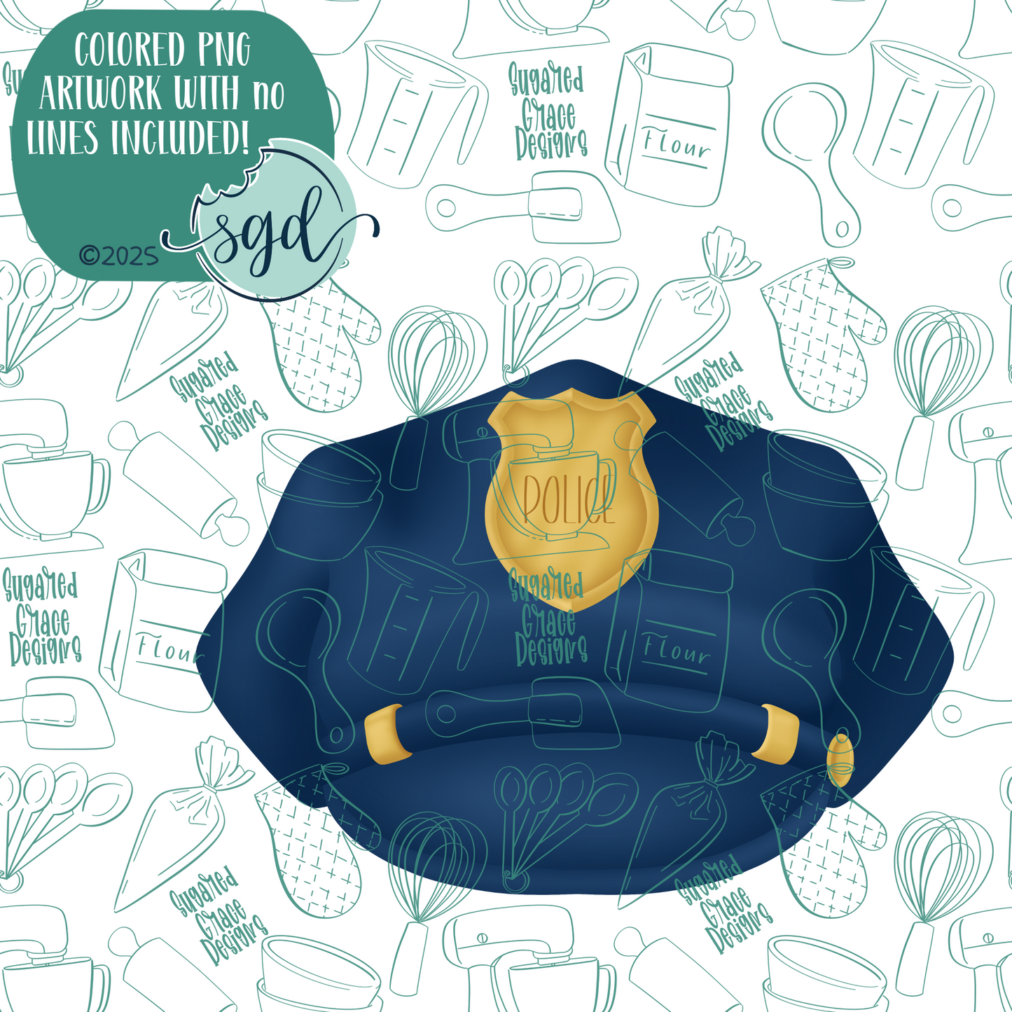 Police Hat Cookie Cutter with PNG Images to Match - Hand Drawn Graphics for Edible Ink Printers