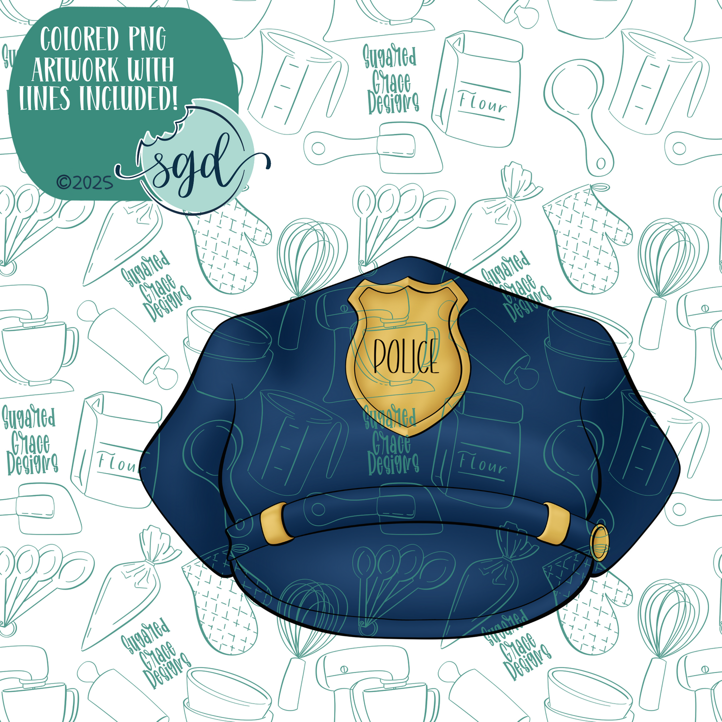 Police Hat Cookie Cutter with PNG Images to Match - Hand Drawn Graphics for Edible Ink Printers