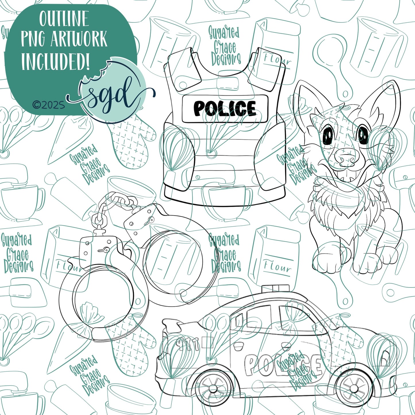 Police K-9 Cookie Cutter Set of 4 with PNG Images to Match - Hand Drawn Graphics for Edible Ink Printers