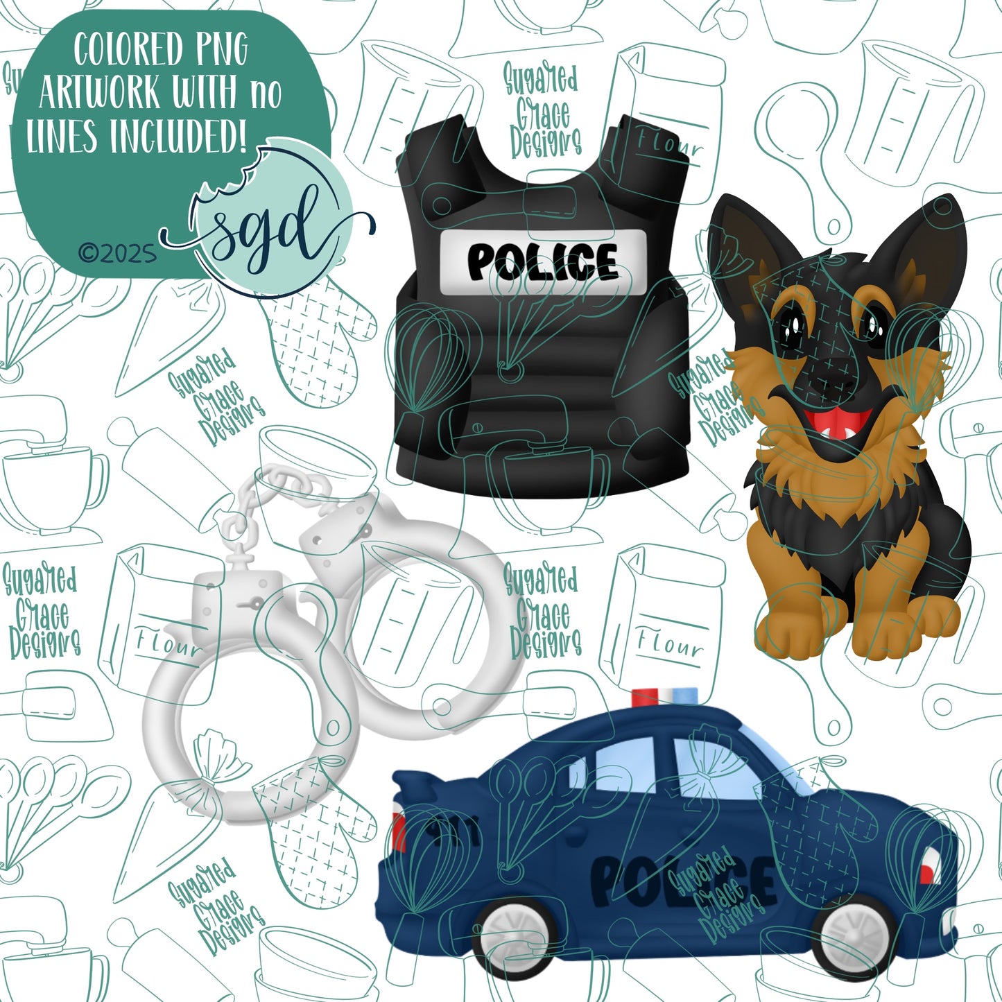 Police K-9 Cookie Cutter Set of 4 with PNG Images to Match - Hand Drawn Graphics for Edible Ink Printers