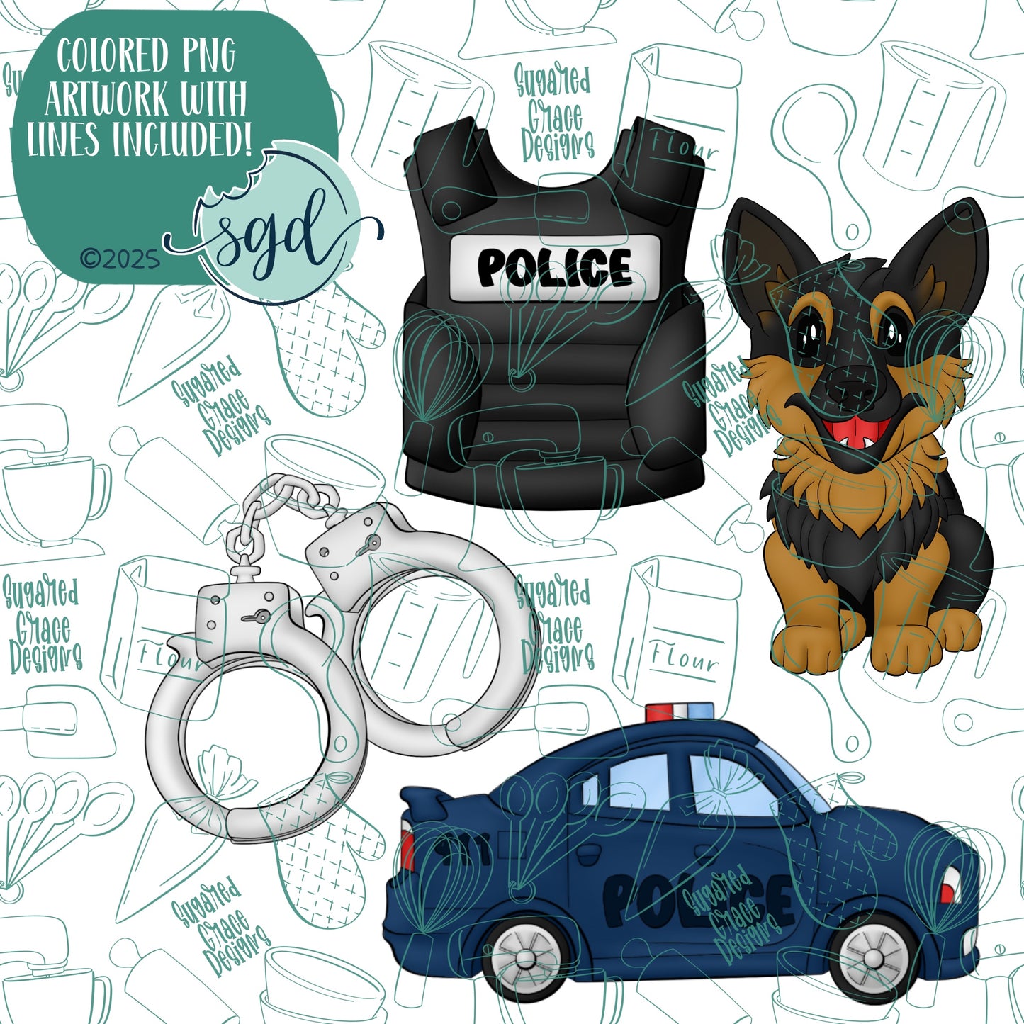 Police K-9 Cookie Cutter Set of 4 with PNG Images to Match - Hand Drawn Graphics for Edible Ink Printers