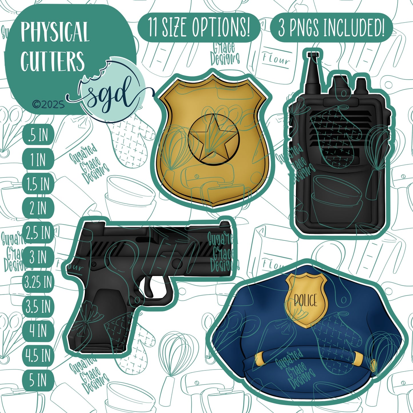 Police Cookie Cutter Set of 4 with PNG Images to Match - Hand Drawn Graphics for Edible Ink Printers
