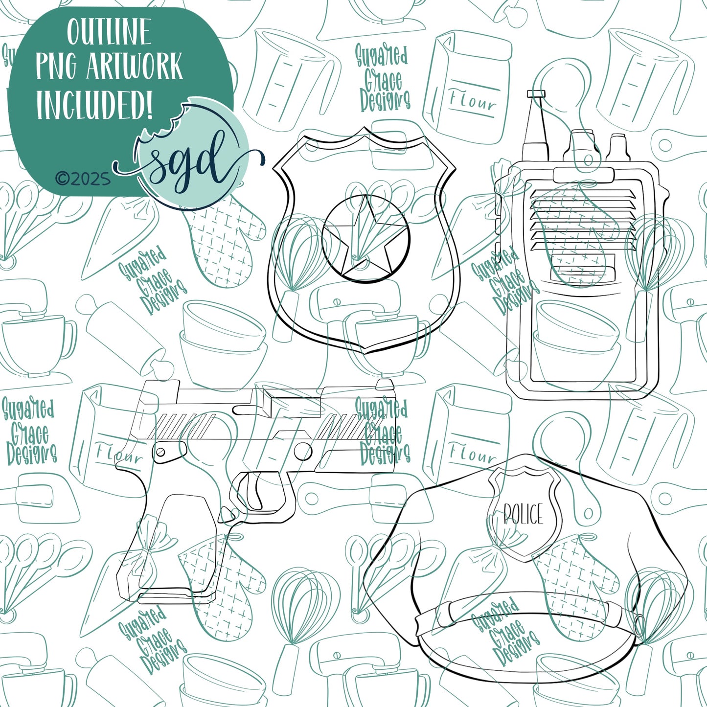 Police Cookie Cutter Set of 4 with PNG Images to Match - Hand Drawn Graphics for Edible Ink Printers
