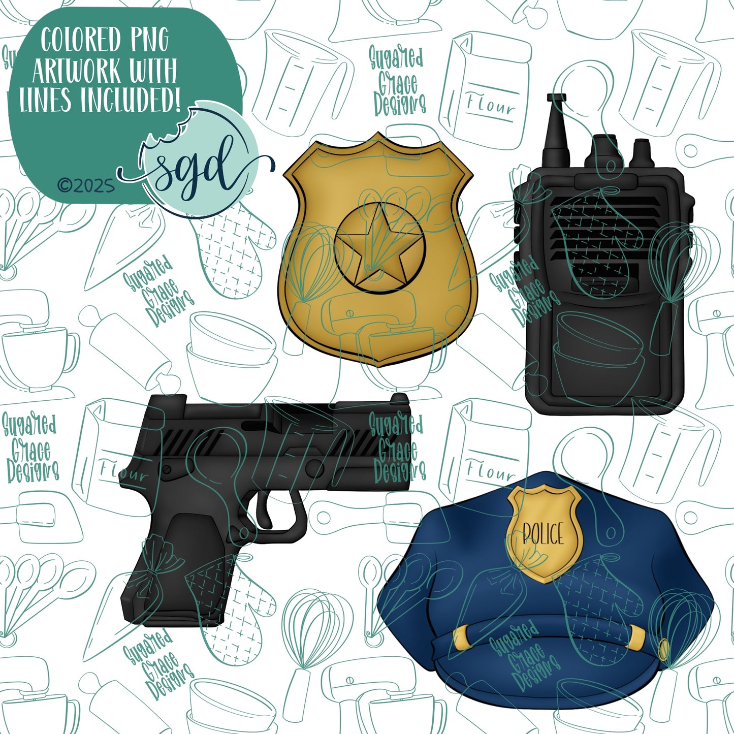 Police Cookie Cutter Set of 4 with PNG Images to Match - Hand Drawn Graphics for Edible Ink Printers
