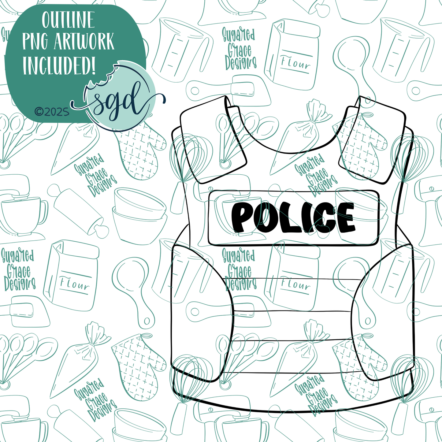 Police Vest Cookie Cutter with PNG Images to Match - Hand Drawn Graphics for Edible Ink Printers