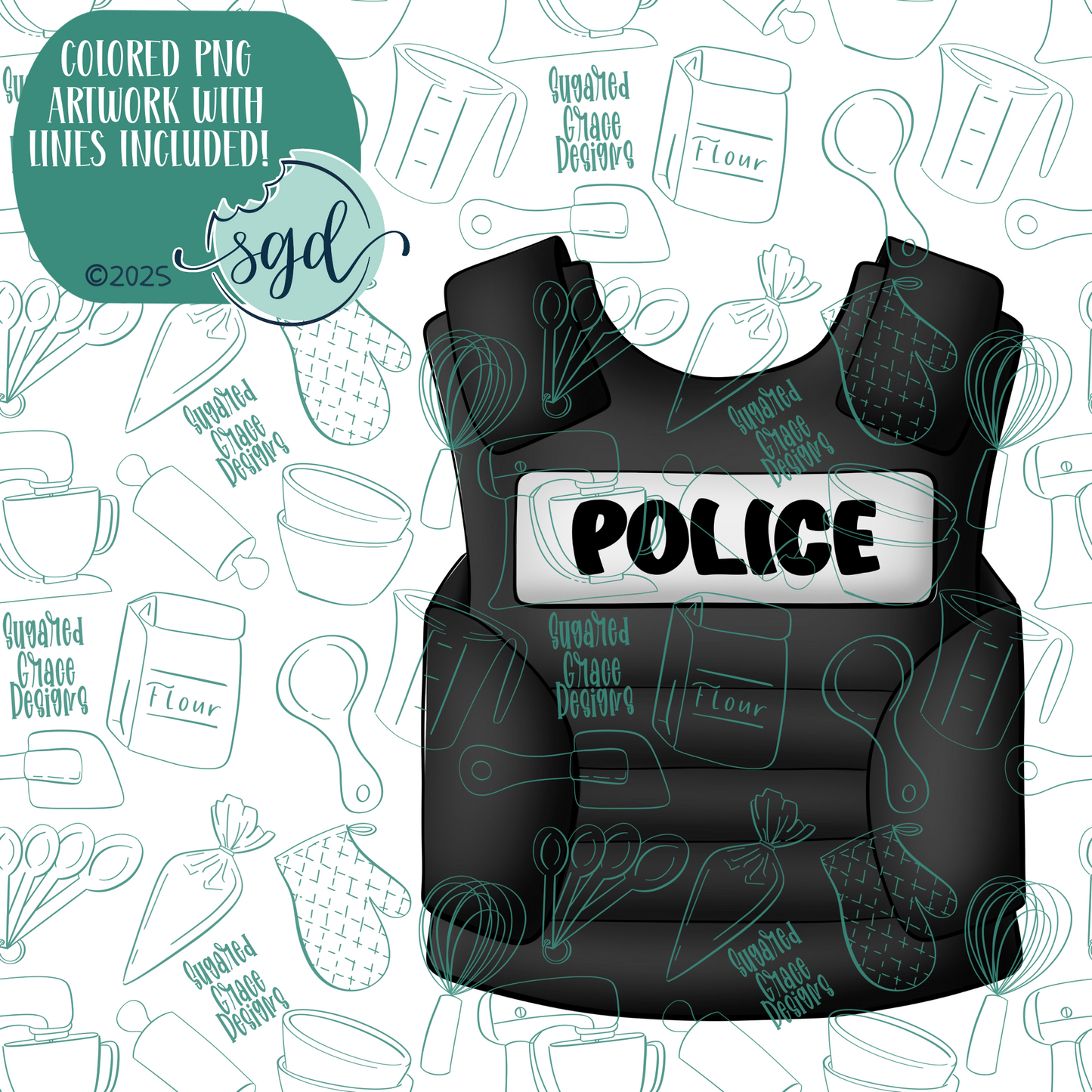 Police Vest Cookie Cutter with PNG Images to Match - Hand Drawn Graphics for Edible Ink Printers