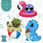 Pool Party Dinosaur Cookie Cutter Set with Matching Printable PNG Images for Edible Ink Printers Including Eddie