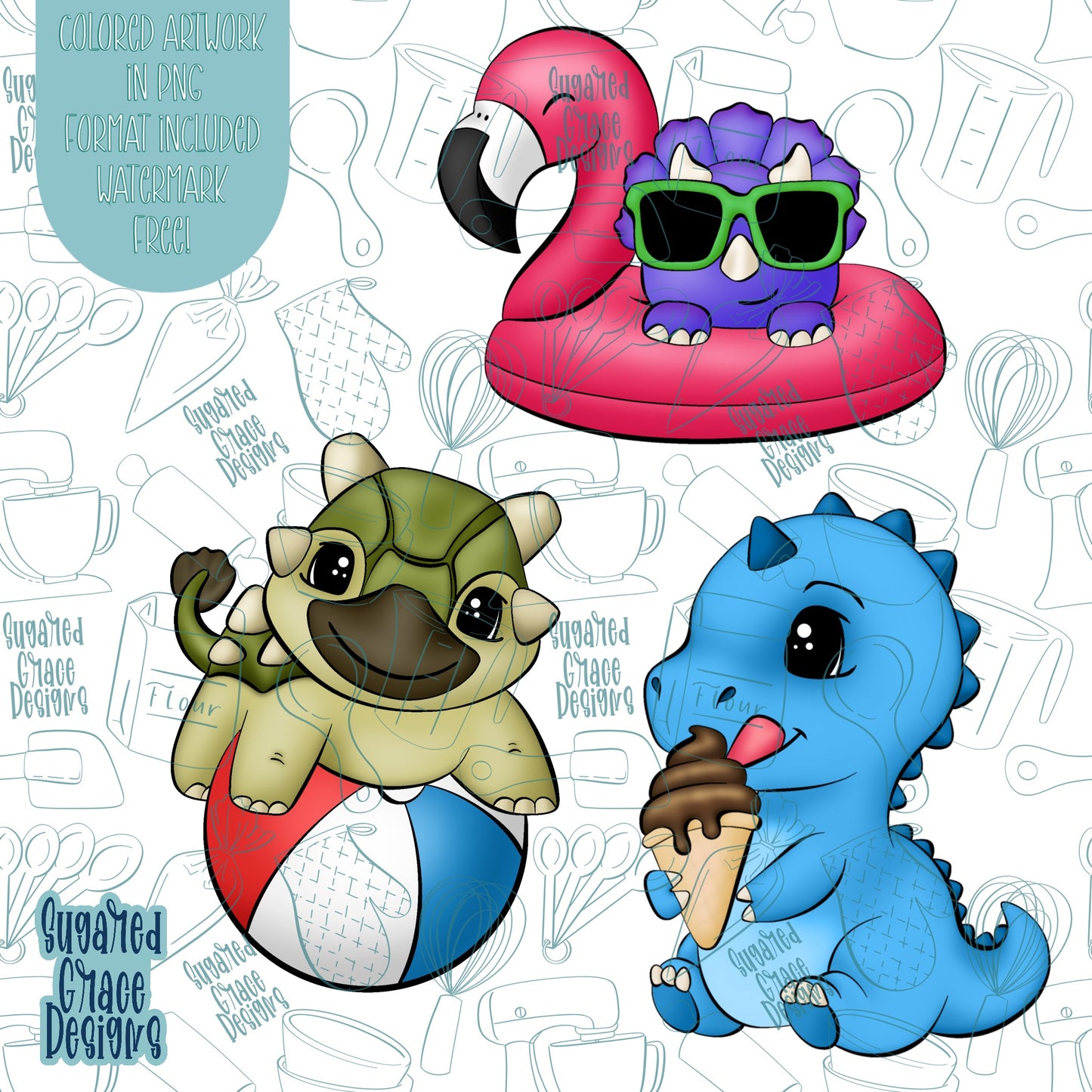 Pool Party Dinosaur Cookie Cutter STL File Set for 3D Printing with Matching Printable PNG Images for Edible Ink Printers Including Eddie