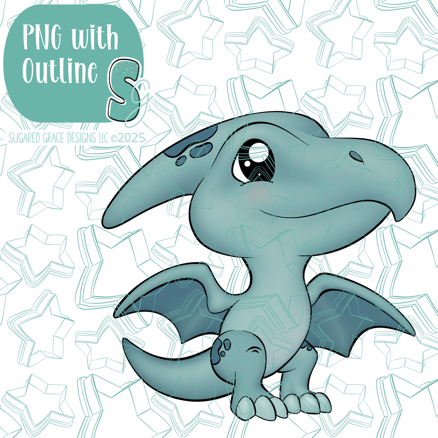 Blue Pterodactyl Dinosaur Cookie Cutter with PNG Images to Match - Hand Drawn Graphics for Edible Ink Printers