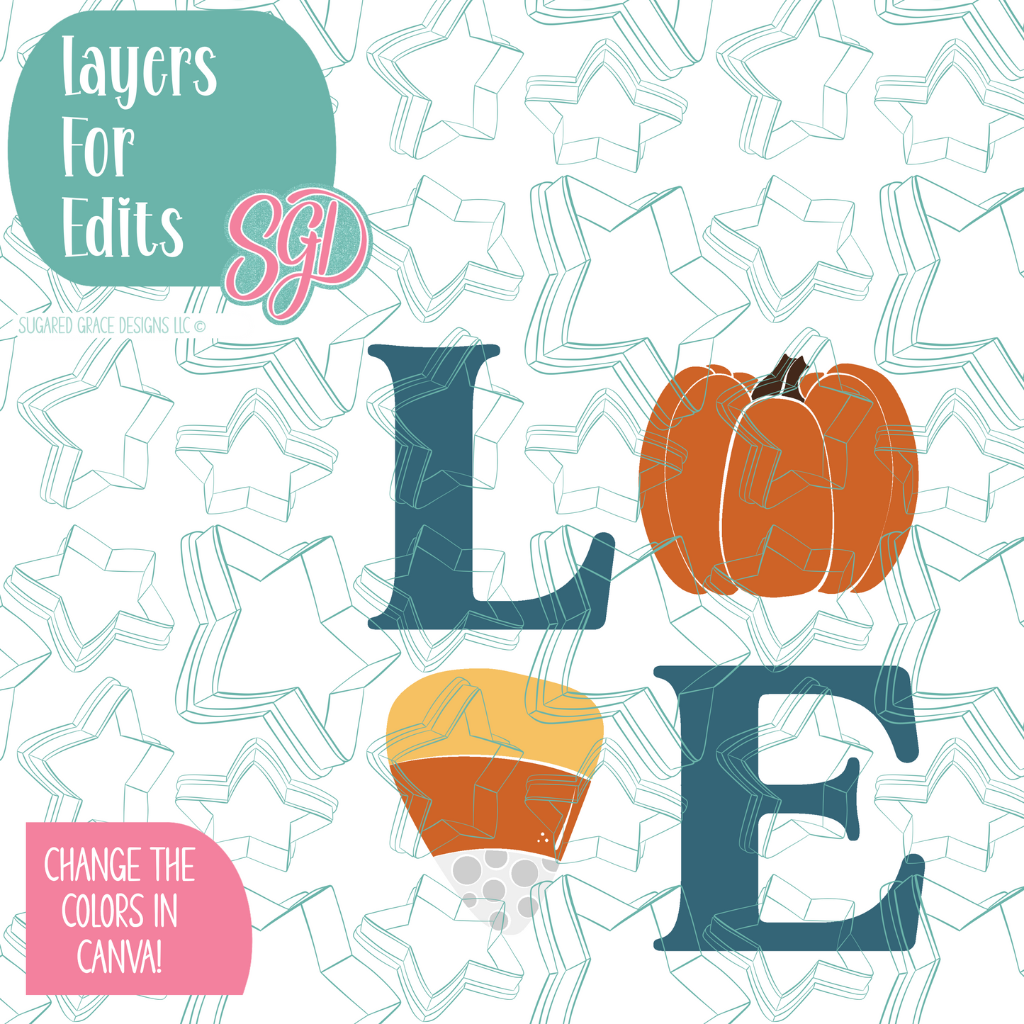 Pumpkin Love Cookie Cutter with PNG Images to Match - Hand Drawn Graphics for Edible Ink Printers