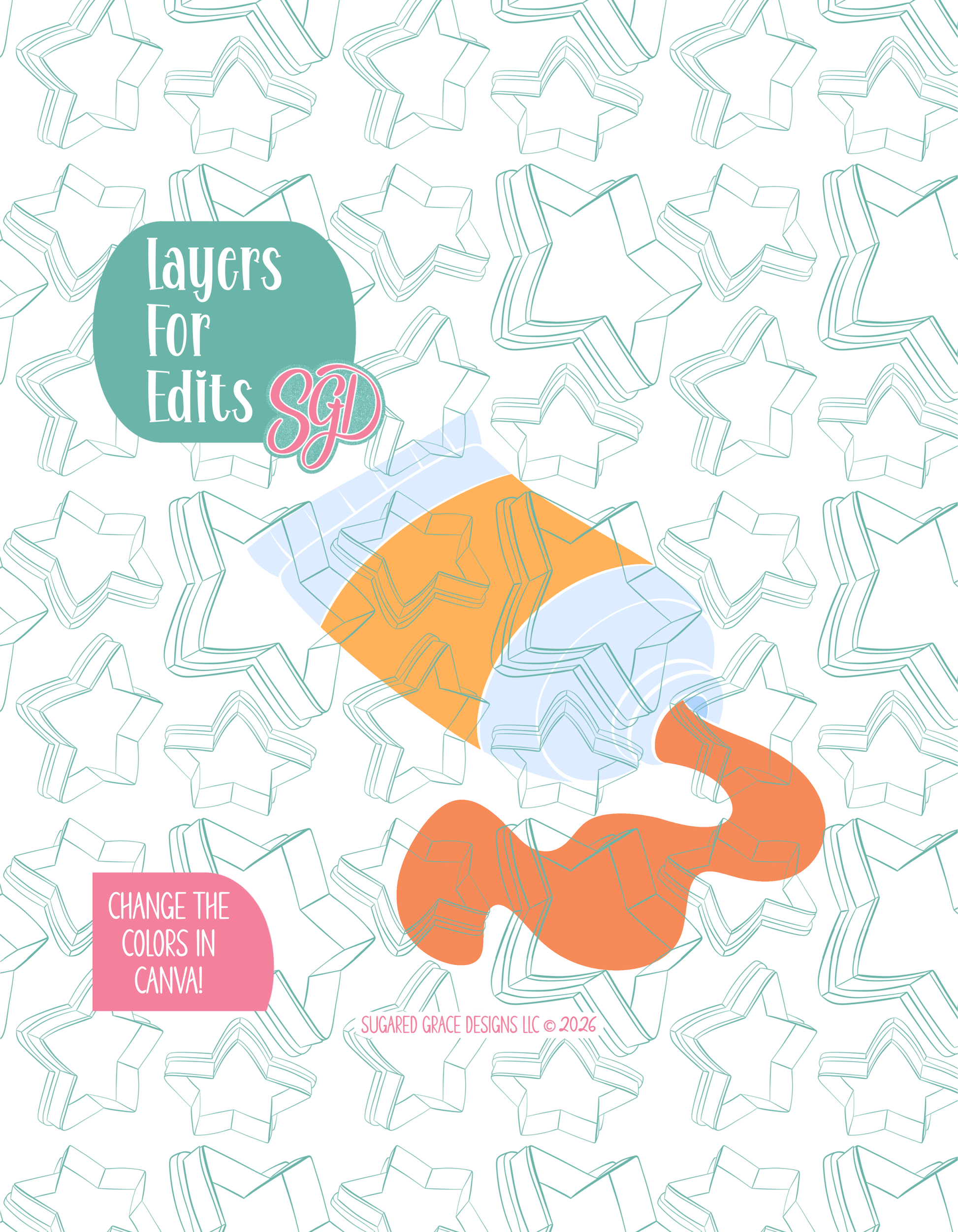 Colored layer breakdown of the paint tube showing each section in a different color, with every color representing a separate editable layer in Canva. Displayed on a background watermarked with Sugared Grace Designs’ teal star pattern
