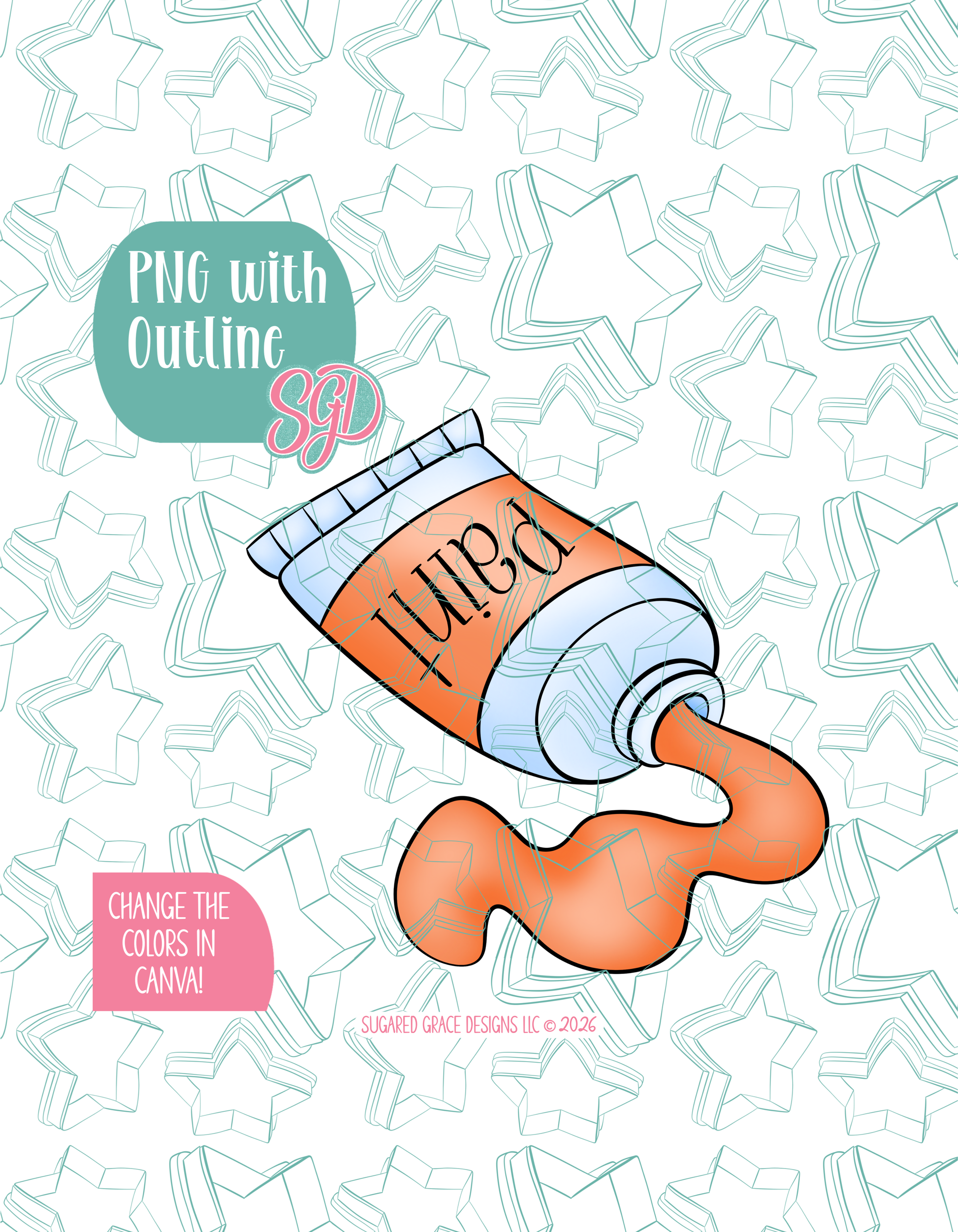 Full color illustrated paint tube, shown with a black outline on a background watermarked with Sugared Grace Designs’ teal star pattern