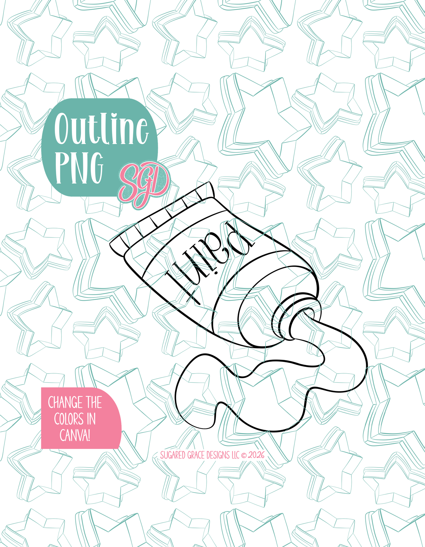 Black line outline drawing of the paint tube, displayed on a background watermarked with Sugared Grace Designs’ teal star pattern