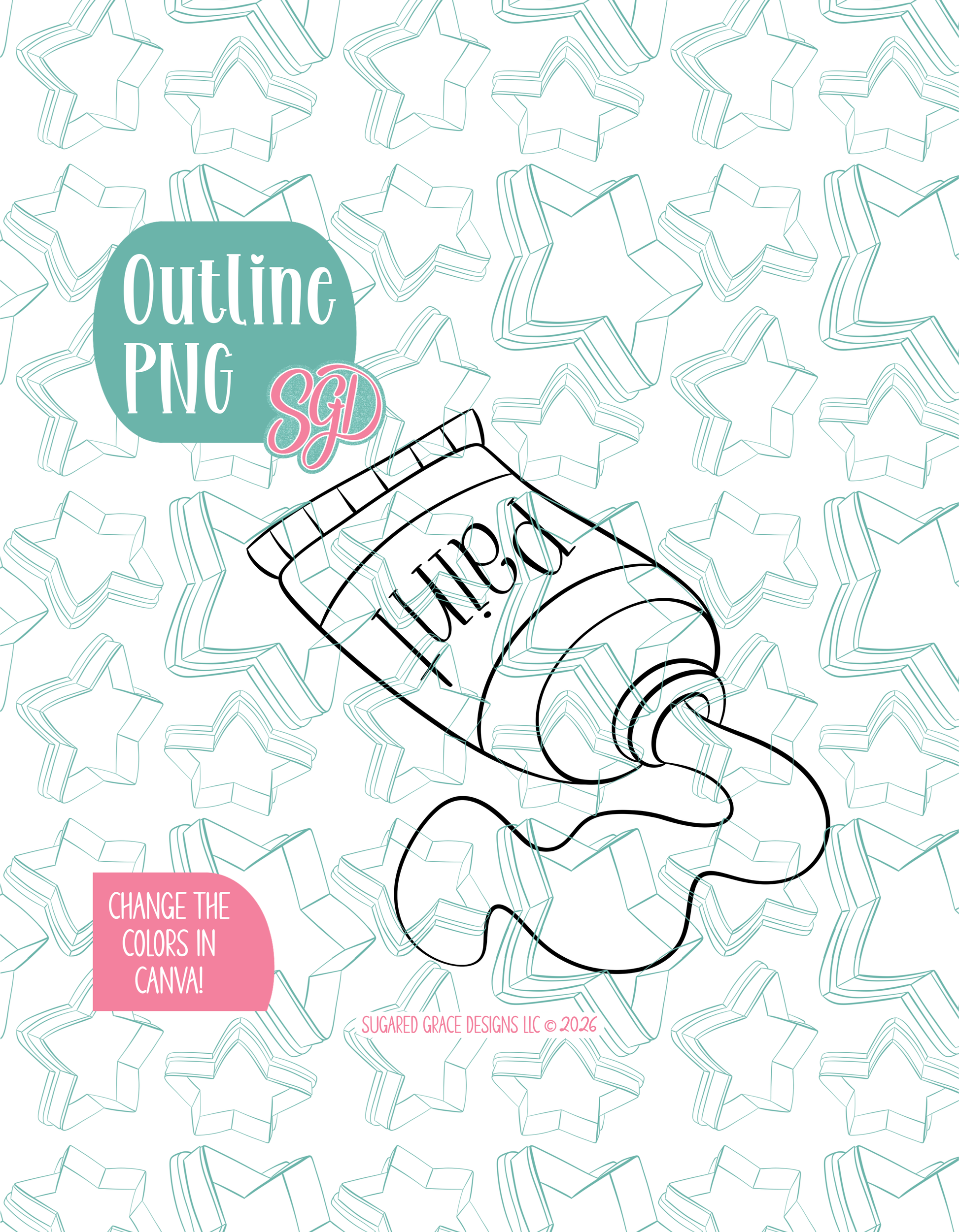 Black line outline drawing of the paint tube, displayed on a background watermarked with Sugared Grace Designs’ teal star pattern